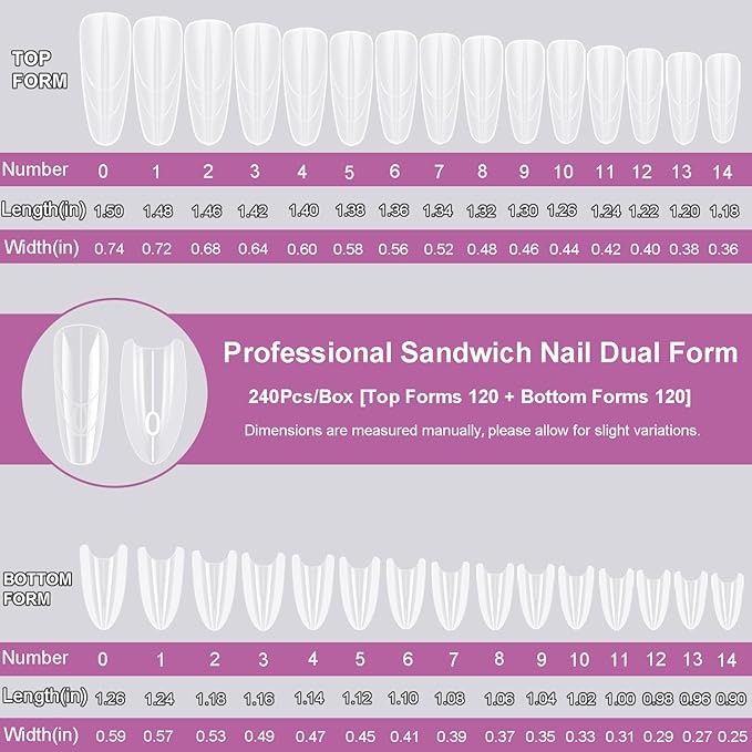Sandwich Nails Dual Forms 240Pcs Oval Shape, Dual Nail Extension Forms with 15 Sizes, Reusable Plastic Nail Mold for Builder Gel & Poly Gel, No Paper Forms Needed, Salon & Home DIY Nail Art
