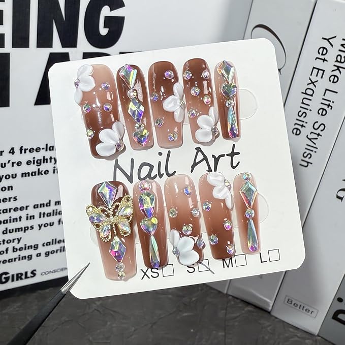 Brown Gradient Press on Nails Long Coffin Fake Nails Handmade Press on Nails 3D Luxury Colorful Rhinestone Designs Embossed Butterfly White Flower False Nail Bling Acrylic Nail for Women (Size M)