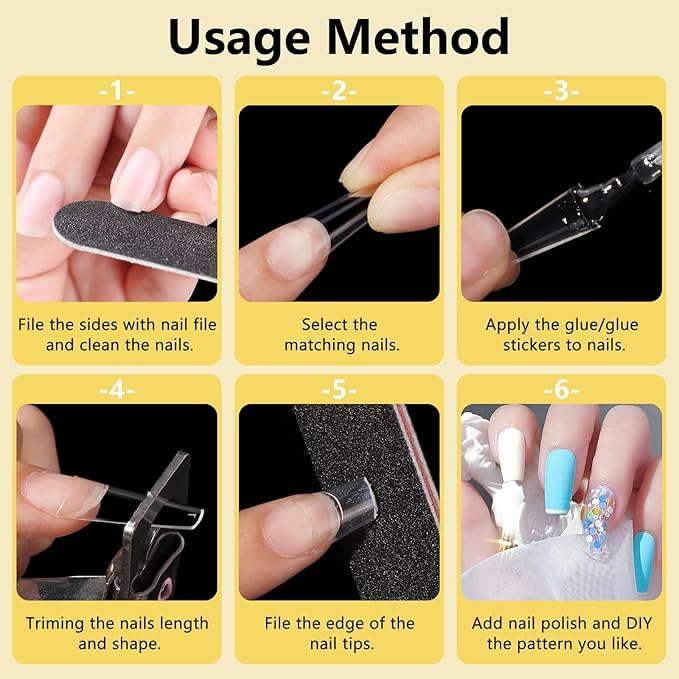Yokilly 1000PCS Coffin Nail Tips and Glue, Clear Natural False Acrylic Nail Tips, Half Cover 10 Sizes French Artificial Nail Tips Manicure with Nail Clipper, Nail Files and Glue for Dip Powder