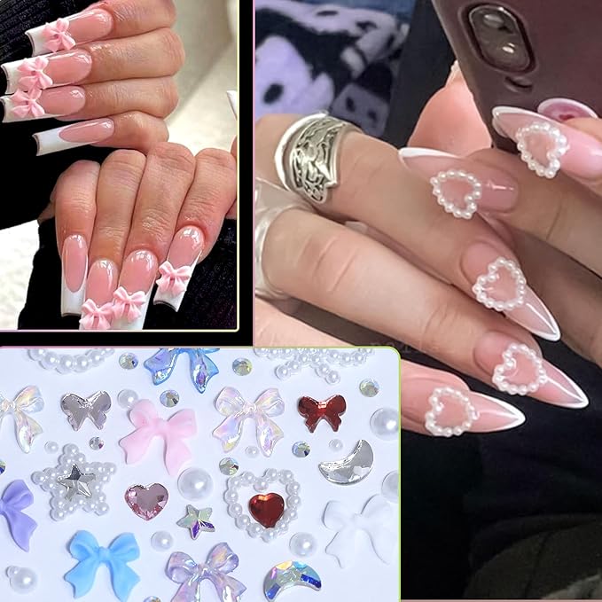 HNUIX - Bows Nail Charms, Multi Shaped, Colored 3D Bows, White Star Heart Moon Cute Nail Gems, Pearls & Rhinestones, Includes Tweezer & Pickup Tool