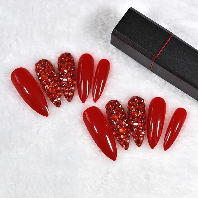 Luxury 3D Red Rhinestones Press on False Nails Extra Long Stiletto Salon DIY Manicure Reusable Fake Acrylic Christmas Nail Art Tips with Jelly Adhesive Tabs Nail File