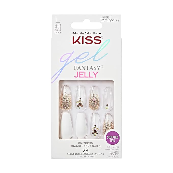 KISS Jelly Fantasy On-Trend Translucent, Long Sculpted Press On Fake Nails Kit, Style “Jelly Pop”, with Pink Gel Glue, Mini File, Manicure Stick, & 28 Glue On Nails