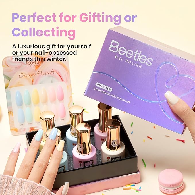 beetles Pastel Gel Polish Set- Cream Patels HEMA-Free Gel, 6 Colors 15ml Pastel Yellow Pink Blue Spring Shades, Salon-Quality Long Lasting Soak Off UV LED Nail Gel with Swatch Card