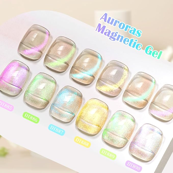 MEET ACROSS 12 Pcs Cat Eye Gel Nail Polish Set, Blue Tears Auroras Magnetic Gel Polish, Blue Pink Yellow Purple Glassy Glitter Holographic Nail Polish with Base Top Gel for Nail Art Manicure Salon DIY