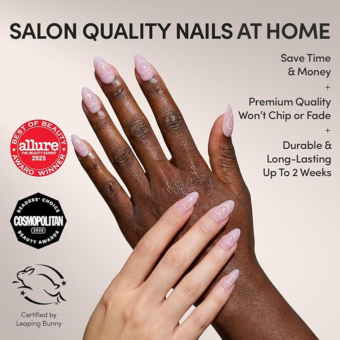 Valentines Day Glamnetic Press On Nails - Soulmate Energy | Short Almond Fake Nails in a Nude Pink Base with Cat-Eye Magnetic Heart Designs in a Velvet Finish | 15 Sizes - 30 Nail Kit with Glue