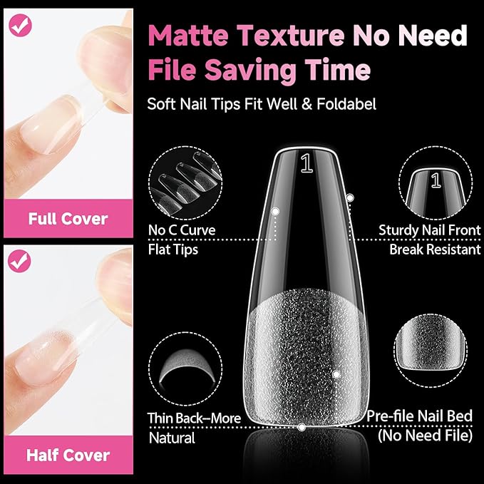 UNA GELLA Long Coffin Nail Tips, 312Pcs Gel Nails Tips Coffin Pre-Shape, Half Matte Full Cover Clear False Fake Nails for Nail Extension DIY Art Salon 12 Sizes
