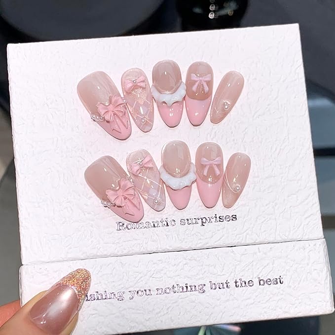 handmade nails press on Salon Quality false nails Reusable almond pink white,pearl bow Stripes french elegant cute acrylic 3D fake nails designed kit,10 Nails Size M #405