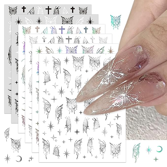 SILPECWEE 6 Sheets Butterfly Nail Stickers - 3D Nail Art Decals, Metallic Silver Aurora Retro Designs, Self-Adhesive Manicure Stickers