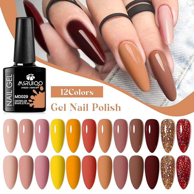 12Pcs Nude Brown Gel Nail Polish Set Caramel Gel Polish Kit Roasted Chestnuts Chocolate Glitter Gel Polish Fall Winter Nail Art Manicure Kit DIY Salon Gift