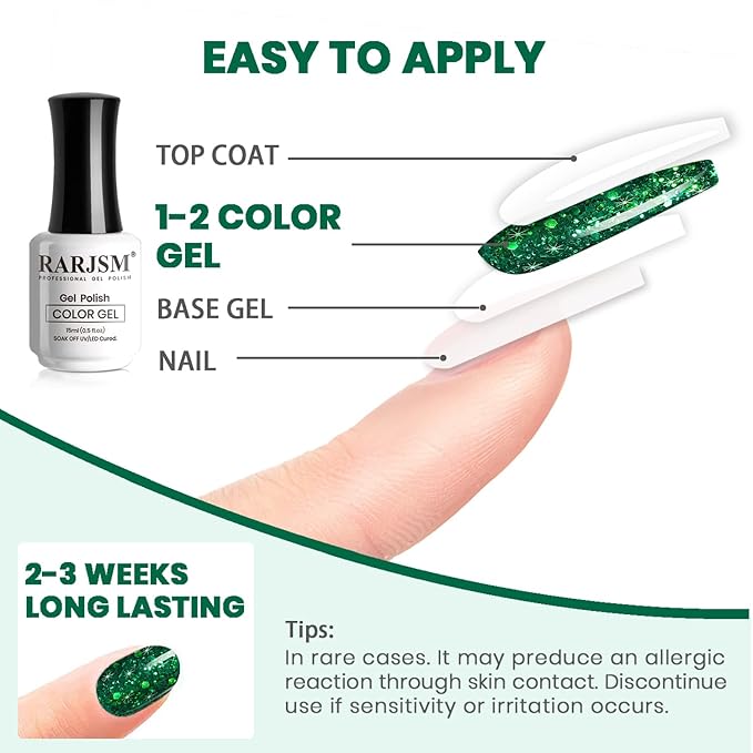 RARJSM Green Glitter Gel Nail Polish Diamond Mermaid Green Sparkly Chunky Shimmer Pigments Nail Gel Polish Soak off L e d U V Curing Required for Nail Art Salon Fall Winter Christmas Manicure 15ml