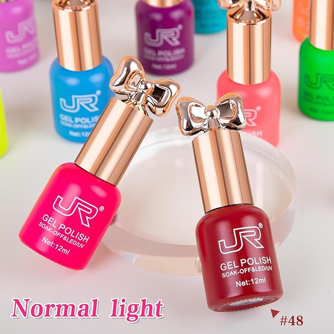 JR Gel Nail Polish 10pcs 0.4oz Neon Gel Nail Polish Set Vibrant Neon Colors Nail Art Kit for Rave & Summer Festivals, Elegant Bow Bottle Design, Quick Dry & Chip-Resistant Gifts for Women E Model