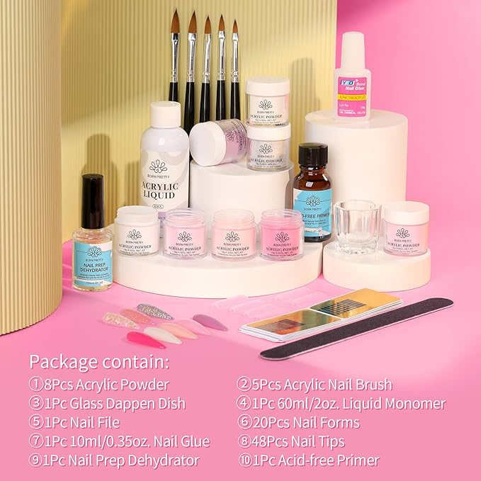 BORN PRETTY Acrylic Nail Kits Full Set,87PCs Pink White Clear Glitter Grey Acrylic Powder and Liquid Set for Beginners,with Nail Pre Dehydrator Nail Primer Nail Tips