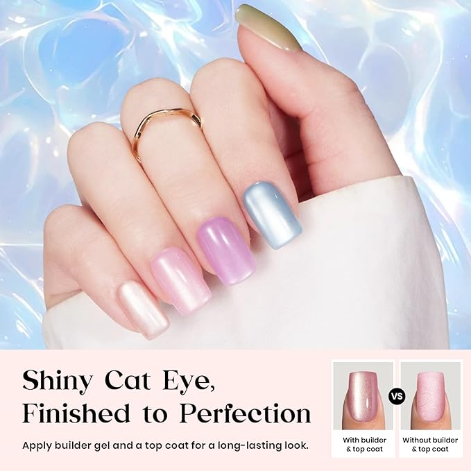Beetles X Press Cat Eye Nails - Fizz Aurora | 7 Colors Short Square Press On Nails | 16 Sizes 224 Pcs Natural Salon Quality Soft Nail Gel Art DIY For Women