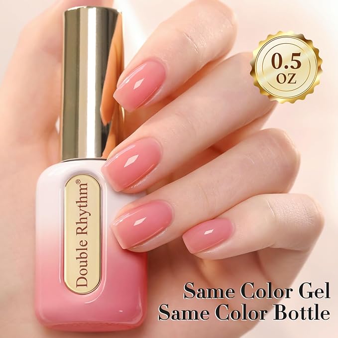 Double Rhythm 0.50 OZ Gel Polish Hema Free Same Color Same Bottle Golden Round Translucent Neutral Natural Milky 15 ML Jelly UV Polish Art DIY at Home (Milky Pink-C1323)