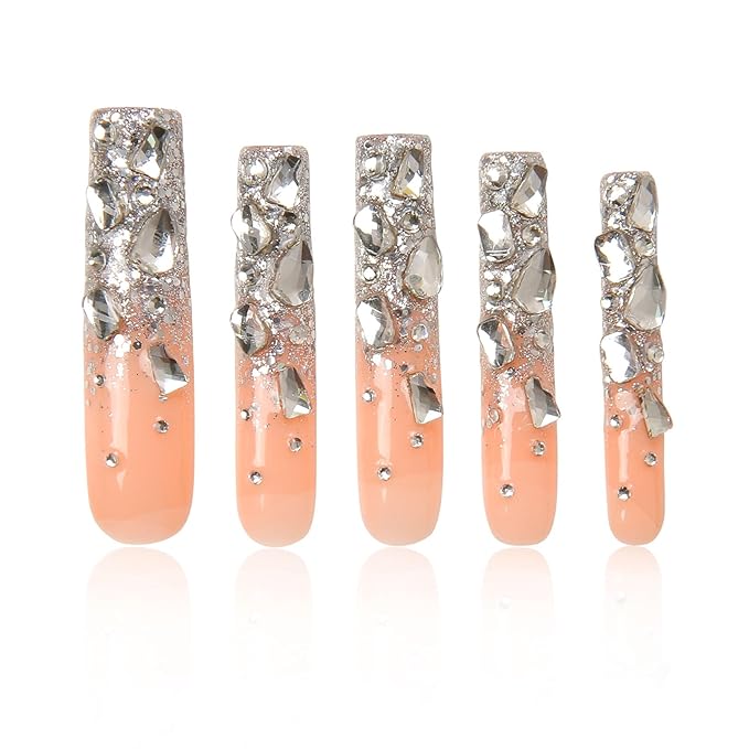 LOVFUL Stunning Bling Nails,Crystal Detailed Diamonds Press On Nails | Custom Shape | Glitter Rhinestone Nails | Gradient Pink Fake Nails| Square Long 2.2 in | H126 (M)