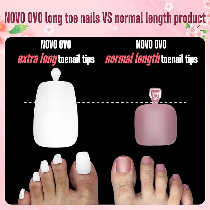 NOVO OVO Fake Toe Nail Tips Press on, Soft Gel Toenail Extension, PURE WHITE LONG Tapered Square Pre-applied Tip Primer & Base Coat, Full Cover Pre-etched False Nails for DIY x 12 Sizes 240Pcs
