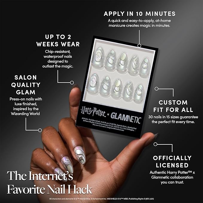 Glamnetic Press On Nails x Harry Potter™ - Unicorn Blood | Short Almond Fake Nails with Silver Chrome & 3D Swirl Design, Salon Quality Officially Licensed | 15 Sizes - 30 Nail Kit with Glue