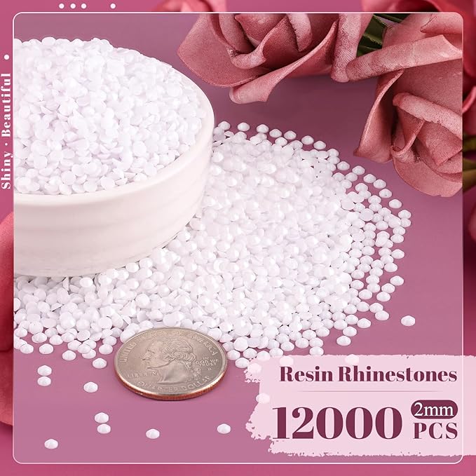 12000PCS 2mm Resin Rhinestones Bulk for Crafting (White), Flatback Bedazzling Crystals for Crafts DIY Nail Decoration, Gems Charms for Tumbler Shoes Clothing Fabric with Pickup Pen and Tweezers