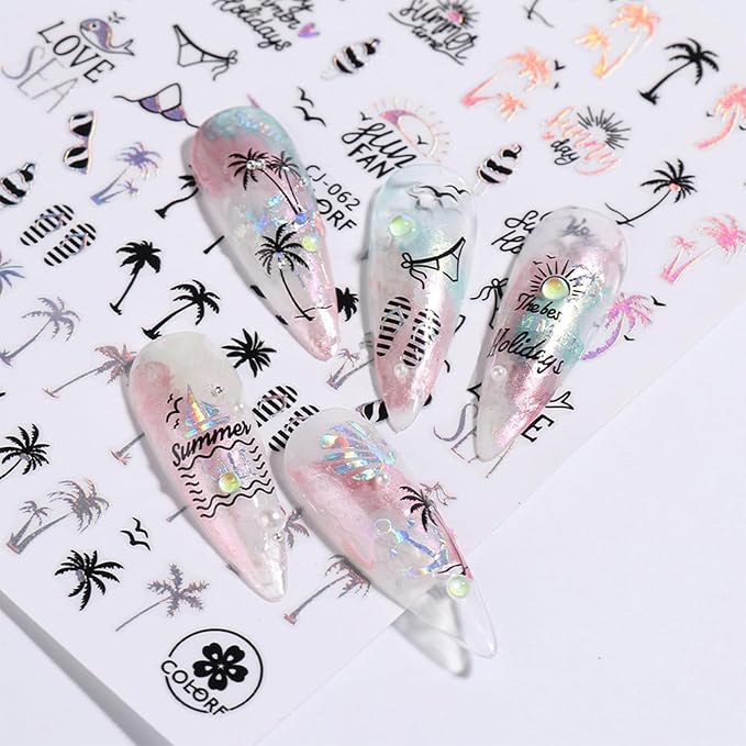 Summer Nail Art Stickers 6 Sheets Shell Nail Decals 3D Self-Adhesive Nails Design Accessories Palm Tree Jellyfish Mermaid Stickers for Women Nails Decoration