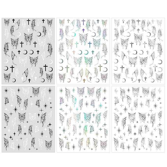 SILPECWEE 6 Sheets Butterfly Nail Stickers - 3D Nail Art Decals, Metallic Silver Aurora Retro Designs, Self-Adhesive Manicure Stickers