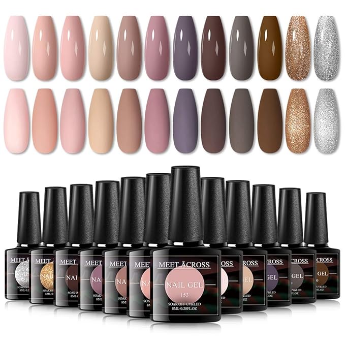 MEET ACROSS 12pcs Gel Nail Polish Set,Soak Off UV LED Lamp Gel Nail Polish Kit,Fashion Shimmer Nail Art Design Gifts for Women Manicure Salon (Pink)