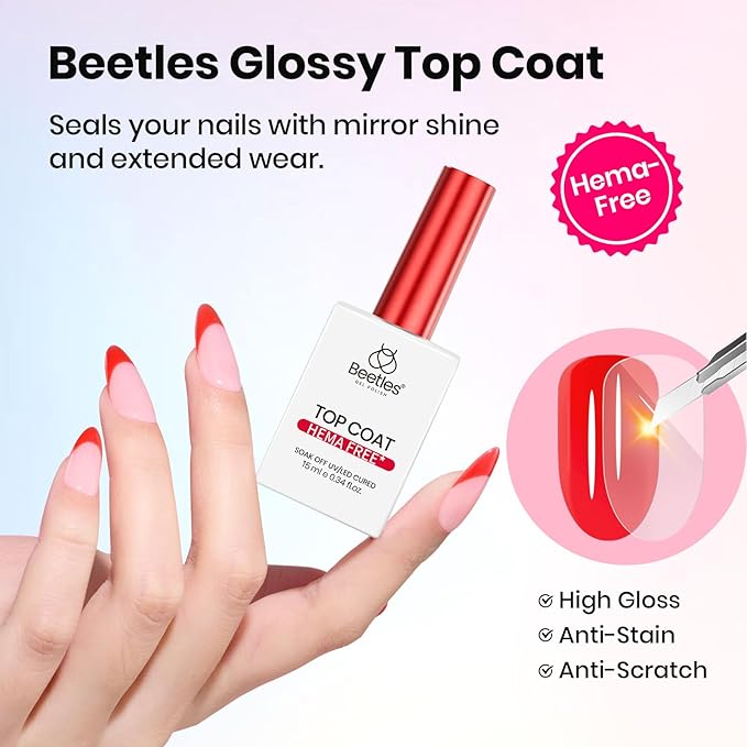 Beetles HEMA-Free Gel Top and Base Coat 15ml, TPO Free No Wipe Clear Glossy Gel Nail Polish Set Long Lasting Soak Off UV Lamp Upgraded Safe Low-Sensitivity Formula Nail Gifts for Women