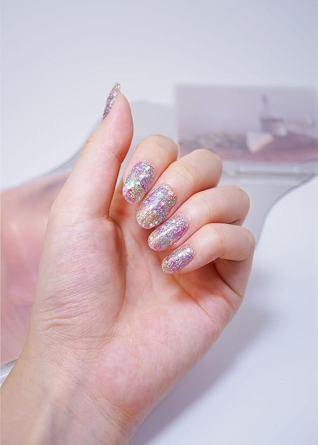Semi Cured Gel Nail Strips, 20Pcs Long Lasting Salon Quality Wraps, Easy Apply & Remove Gel Nail Stickers with UV Light (Aurora Dust Purple)