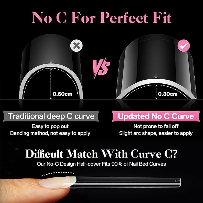 No C Curve Nails: Non-C Curved Nail Tips Straight Tapered Square Extra Long Professional Half Cover Fake Nail for Acrylic Salons Home DIY
