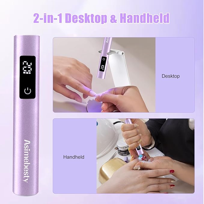 UV Light for Gel Nails, Mini UV Nail Lamp Hand held with Stand, Portable Small Nail Dryer Light for Gel Polish with 3 Timers, Rechargeable Cordless UV Light Nail for Fast Curing, Violet
