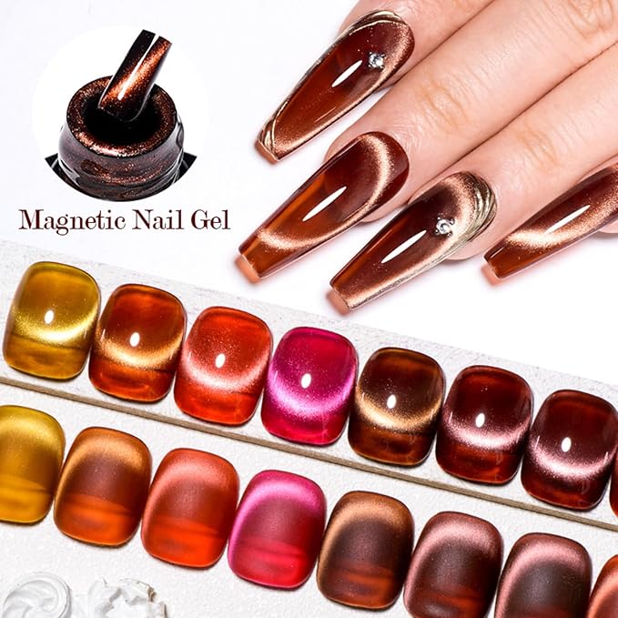 MEET ACROSS Amber Jelly Cat Eye Gel Nail Polish Set of 8 Colors Caramel Crystal Brown Shimmer Translucent Sheer Magnetic Nail Polish Kit with Base Top Coat and Magnet Gel Nail Art Manicure
