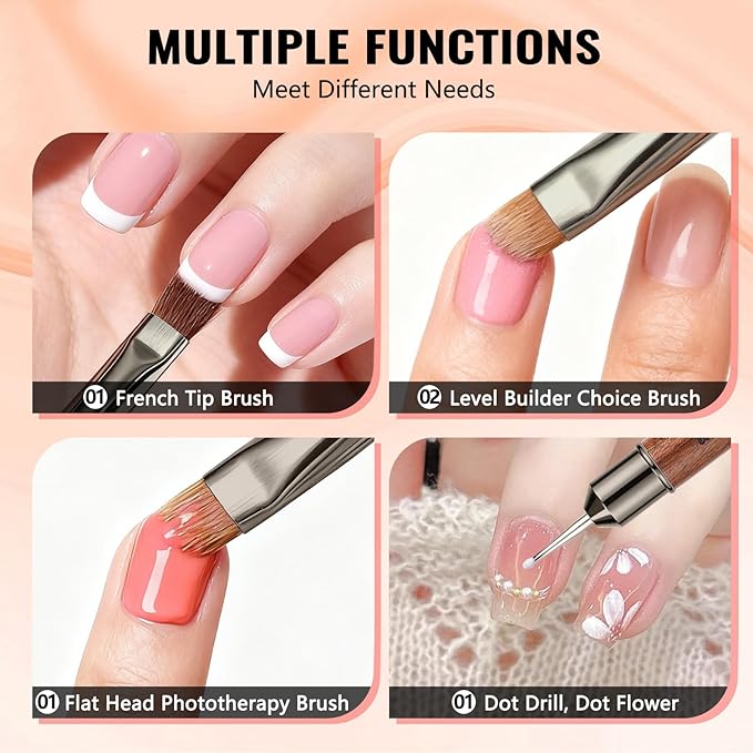 Kolinsky French Tip Nail Art Brush, Clean Up Brush for Gel Nail Polish, Wooden Handle with Dotting Tool