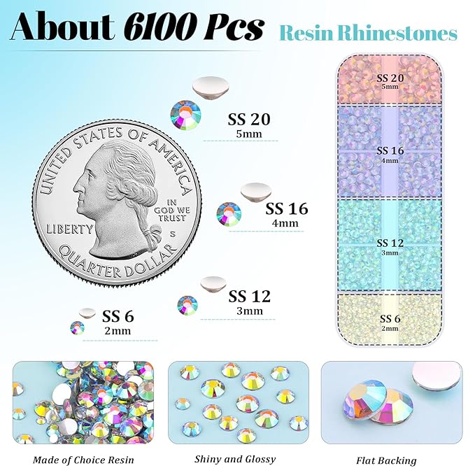 6100Pcs Jelly Resin Rhinestones for Crafting with 2Pcs 10ml B7000 Jewelry Glue, 1 Box Flatback Crystals Diamond (Clear AB) for Bedazzling Crafts DIY Nail Art Non Hotfix Gems for Clothing Shoes