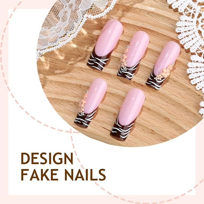 Long Square Press on Nails Fake Nails Artificial Nail Stick on Nail for Women Light Pink & Brown Nails with White 3D Flowers, Silver Accents and Striped Edges