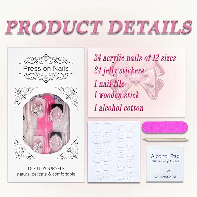 Press on Nails Short Square MABKJLF French Tip Fake Nails Black & White False Nails Stars Pearls Heart Charms Designs Glossy Glue on Nails Stick on Nails for Women Girls 24 Pcs