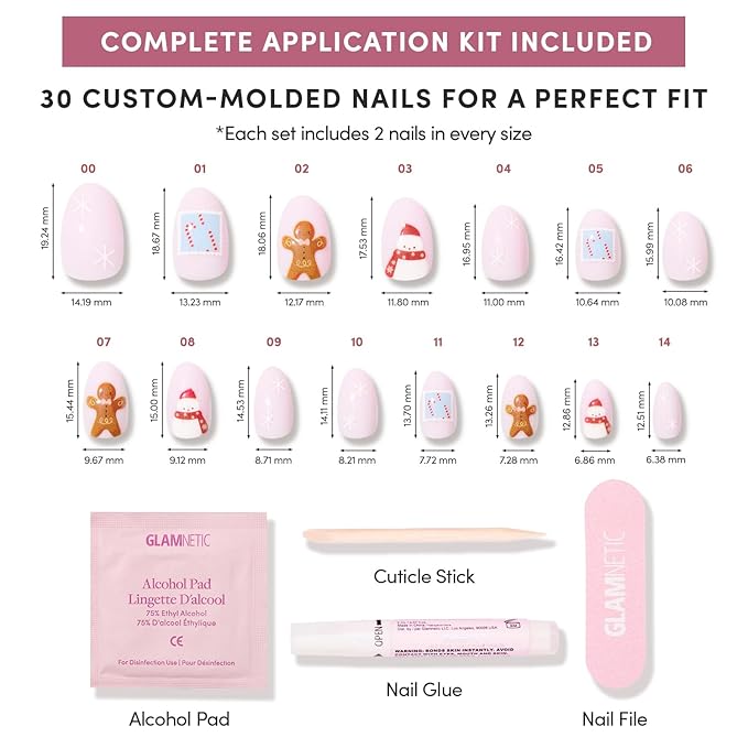 Glamnetic Press On Nails – Cocoa & Kisses | Short Oval Fake Nails in Nude Base with Festive Winter Graphics, Glossy Finish, Salon Quality Holiday Nails | 15 Sizes, 30 Nail Kit with Glue