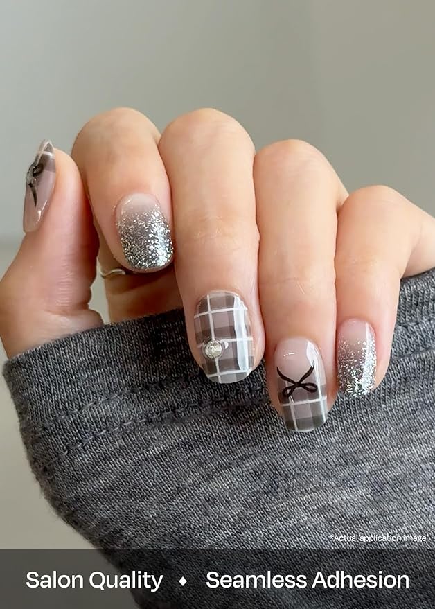 ohora Semi Cured Gel Nail Strips (N Check Noir) - Works with Any Lamps, Salon-Quality, Long Lasting, Easy to Apply & Remove - Includes 2 Prep Pads, Nail File & Wooden Stick