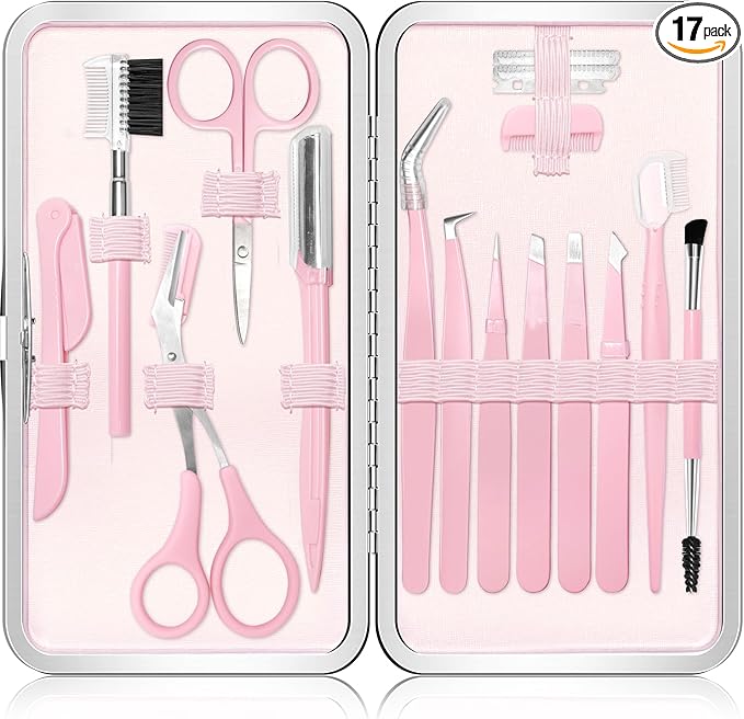 Eyebrow Kit, 17 in 1 Tweezers for Women Facial Hair, Hair Scissors with Comb, Eyebrow Trimmer, Brow Brushes, Hair Tools Travel Bag, Professional Grooming Tweezer Set