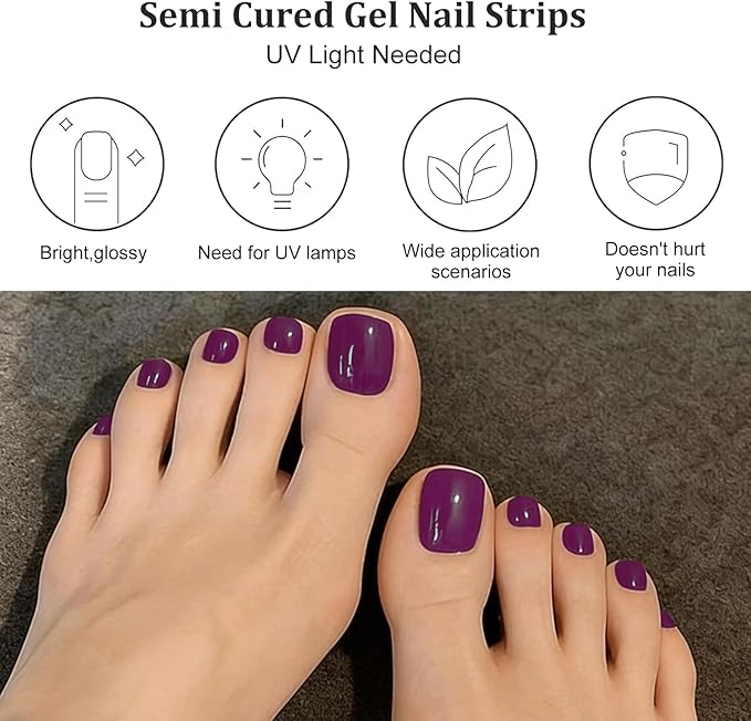 32 Pcs Semi Cured Gel Toe Nail Strips Purple Solid Gel Nail Stickers Full Cover Purple Nails Wraps Self Adhesive Toe Nails Polish Strips Stickers for Women UV/LED Light Required