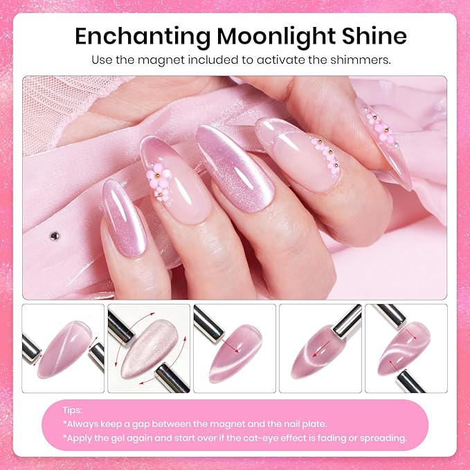 Beetles Pink Cat Eye Gel Nail Polish - 15ML Pink Cat Eye Glitter Gel Polish with Magnet Jelly Translucent Glass Effect Soak Off UV Nail Art DIY Manicure Gifts for Women