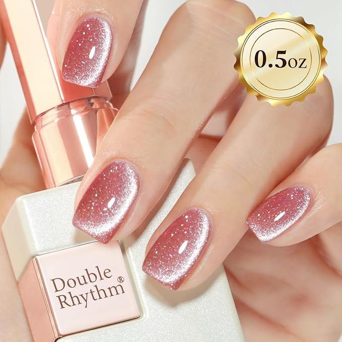 Double Rhythm 15ML Ice Glass Cat Eye Gel Polish with Magnet Holographic Glitter Shimmer Translucent Sheer Color Salon Soak Off Magnetic Nail at Home (Skin Pink-MC1065)