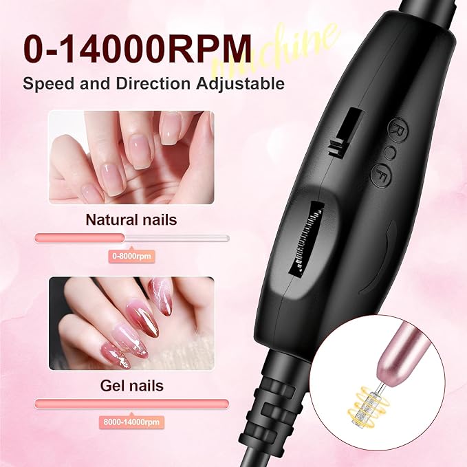 JODSONE Electric USB Nail Drill for Acrylic and Gel 14000RPM Portable Nail File Efile Set with Nail Drill Bits Sanding Bands Pink