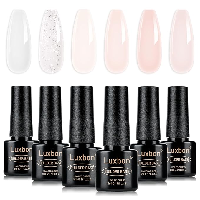 Luxbon 7 IN 1 Builder Base Color Gel Nail Polish Set, 6 Colors Nail Extension Enhancement Nude Gel Polish Pink Peach Nail Polish for Nails UV LED Soak Off Nail Art Design Gifts for Women Kit 002