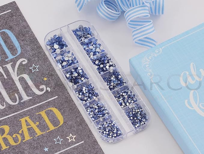 Over 2100 Pieces Blue Sapphire Lt Flat Back Glass Rhinestones Crystals for Nail Art Kit 6 Sizes (1.4mm - 4.8mm)