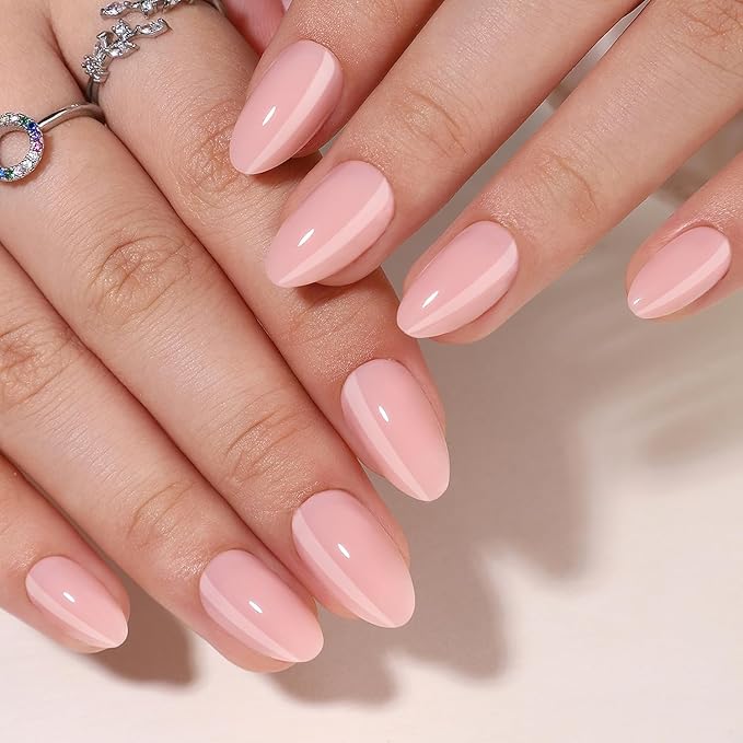 Light Pink Soft Gel Press on Nails Short Almond Fake Nails with Nails Glue False Nails Solid Color Designs Salon Quality Glossy Acrylic Nails Full Cover Thickened Stick on Nails for Women Manicure