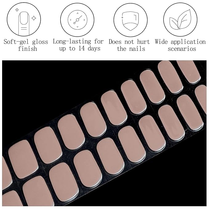 20Pcs Semi Cured Gel Nail Strips Nature Nude Gel Nail Stickers UV/LED Light Needed Full Polish Nails Wraps Gloss Nails Polish Strips for Women Includes Prep Pads, File, Wooden Cuticle Stick