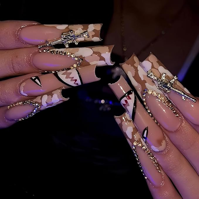 Press on Nails Coffin Long Length Acrylic Glossy Full Cover Square Shaped French False Nails with Designs Artificial Extra Long Fake Nails with Charms Glue ons Fingernails for Women(C006)