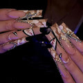 Press on Nails Coffin Long Length Acrylic Glossy Full Cover Square Shaped French False Nails with Designs Artificial Extra Long Fake Nails with Charms Glue ons Fingernails for Women(C006)