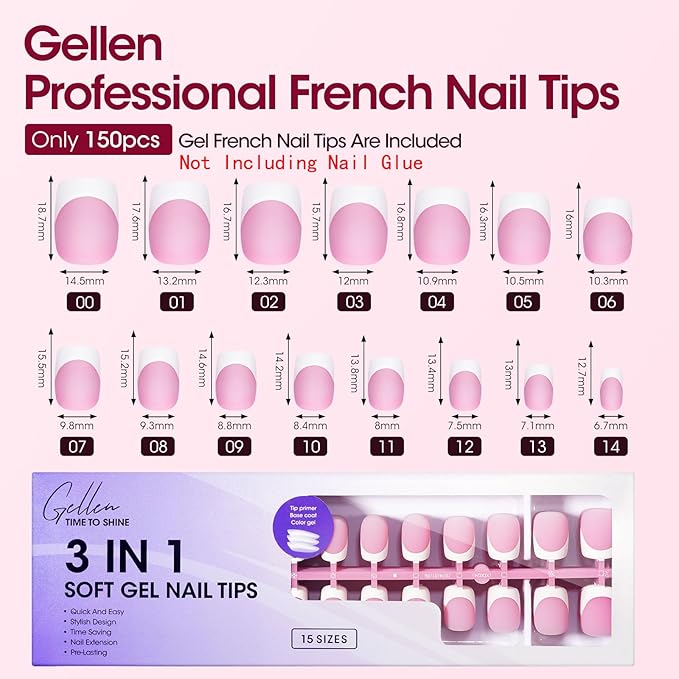 Gellen Gel Nails Tips - 330 pcs Pink French Tip Press on Nails, Short Square Gel Nail Tips Soft, 3 in 1 Pre-lasting Fake Nail No Need to File, Soft Fake Nail Tip for Nail Art