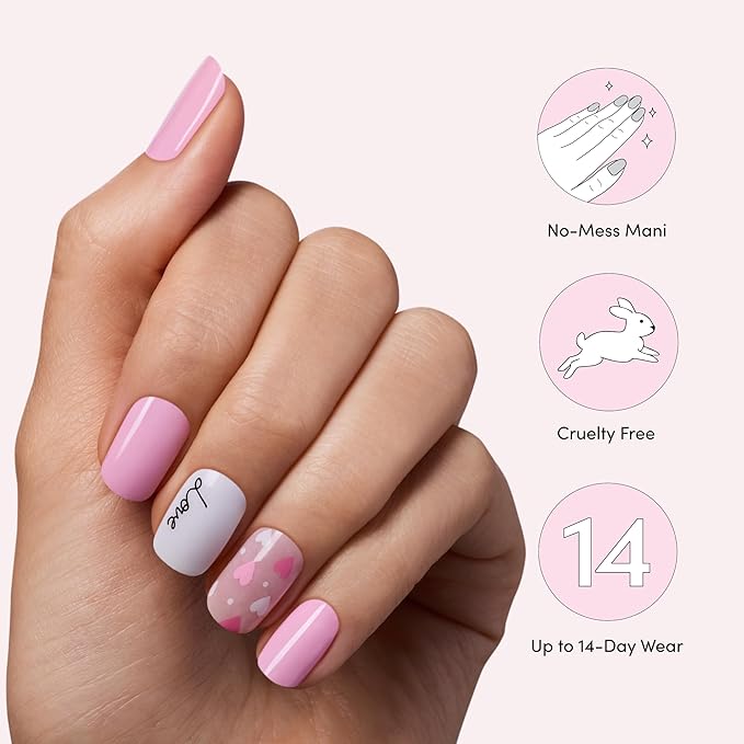 Dashing Diva Gloss Nail Strips - Heart to Heart - UV Free, Chip Resistant, Long Lasting Gel Stickers - Contains 32 Wraps, 1 Prep Pad, 1 File