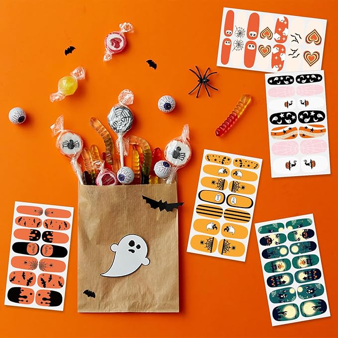 JERCLITY 224 Pieces 16 Sheets Halloween Nail Wraps for Short Nails Halloween Nail Polish Strips Cobwebs Ghosts Spider Haunted House Jack-o'-Lantern Nail Stickers for Women